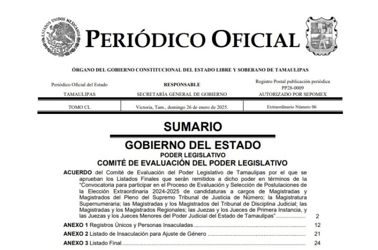 Tamaulipas, primero en publicar listas de las y los candidatos a integrar el Poder Judicial estatal